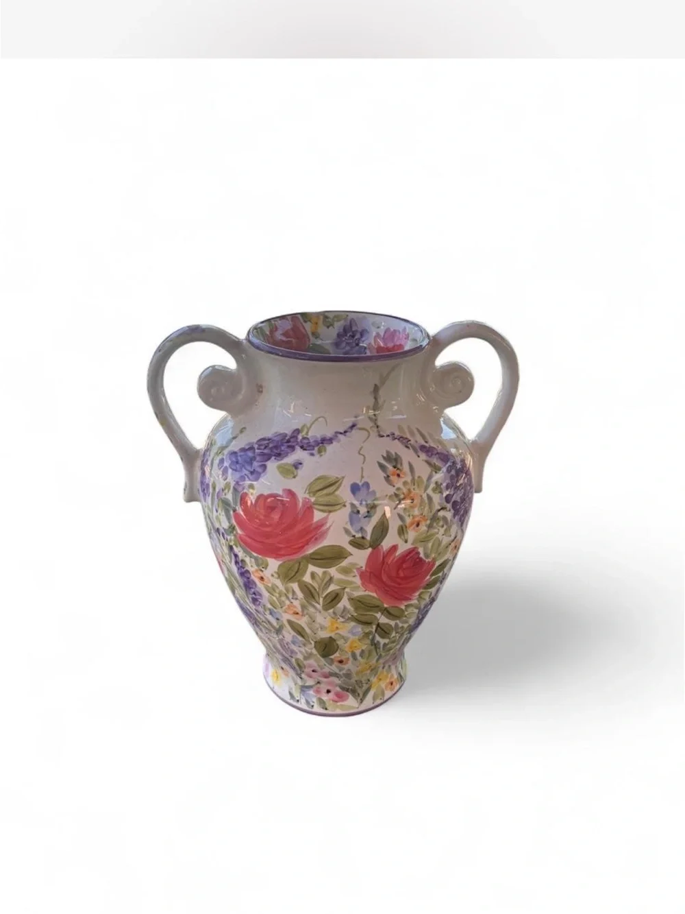 Hand-Painted Floral Two-Handled Ceramic Vase - White with Red & Purple Flowers